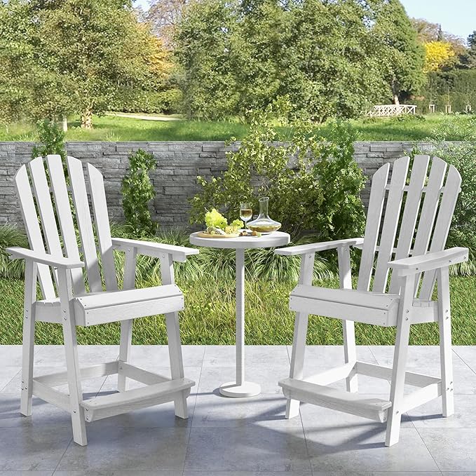 Tangkula Outdoor Bar Stool, HDPE Tall Adirondack Chair with Armrest & Footrest, Weather Resistant 47 Inch Counter Height Barstool Lifeguard Chair for Pool Deck Patio Garden, Balcony Chairs (4, White)