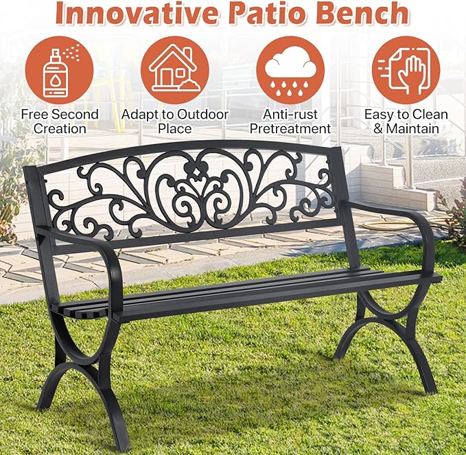 Dkelincs Outdoor Bench Patio Metal Bench 50 Inch Garden Bench Front Porch Bench w/Floral Design Backrest for Park, Yard, Porch, Lawn, Balcony, Backyard, Black