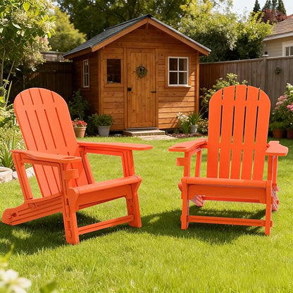 Vongrasig Adirondack Chairs Set of 2 with Removable Tabletop, All-Weather HDPE Outdoor Chair Set with Wooden Textured, Cup Holder for Patio, Poolside, Deck, Garden, Orange
