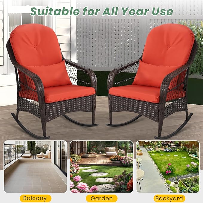 LVUYOYO Outdoor Wicker Rocking Chair of 2, Patio Rattan Rocker Chair with Cushions, Rocking Wicker Furniture Set for Deck, Porch, Garden, Backyard (Orange Red)