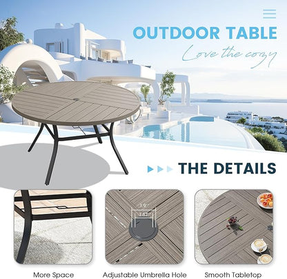 Patio Dining Table for 6-8, Round Metal Outdoor Table with Storage Shelf, 1.57" Umbrella Hole, 53" Outdoor Quartered Tabletop Dining Table for Backyard, Porch, Lawn, Grey