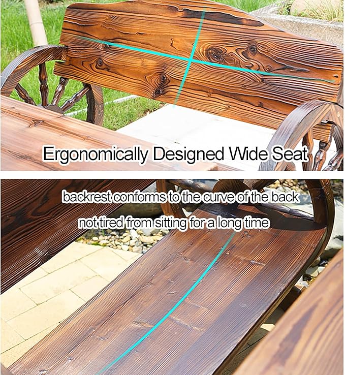 Outdoor Garden Bench, Wooden Wagon Wheel Bench Loveseat Chair Patio Furniture for Garden, Backyard, Porch, Park, Yard(150 * 55 * 79CM)