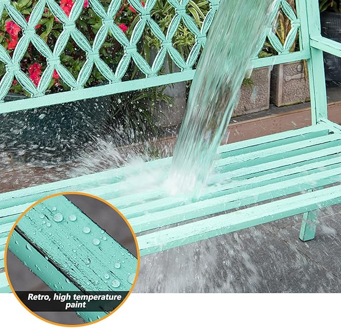 Outdoor Metal Garden Bench with Curved Backrest & Armrests, Antique Finish, Galvanized Frame, Perfect for Patio, Backyard, Deck & Lawn Seating