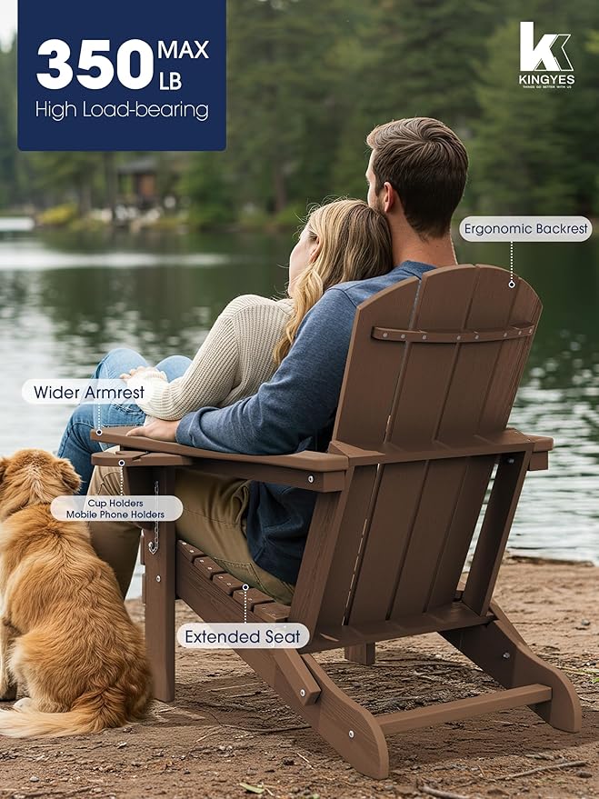 KINGYES Folding Adirondack Chair with Dual Cup Holders - HDPE All-Weather Outdoor Chairs, Wood-Like Patio Chair for Backyard, Camping, Pool & Fire Pit, Brown