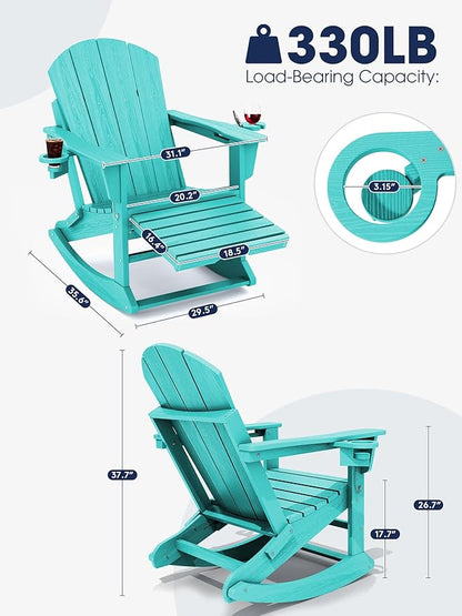 KINGYES Adirondack Rocking Chair Set of 4 with Retractable Ottoman and Cup Holders, HDPE Adirondack Rocker Patio Rocking Chair for Porch, Patio, Balcony, Aqua Blue