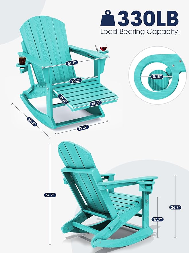 KINGYES Adirondack Rocking Chair Set of 2 with Retractable Ottoman and Cup Holders, HDPE Adirondack Rocker Patio Rocking Chair for Porch, Patio, Balcony, Aqua Blue