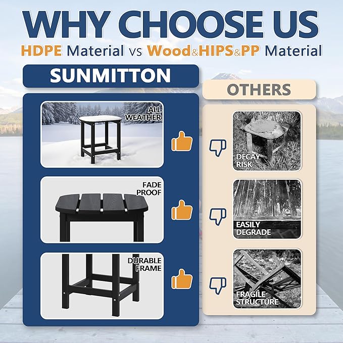 Outdoor Adirondack Side Table for Patio Porch Pool, 18" HDPE Weather Resistant End Table for Backyard and Indoor Use, Easy Maintenance & Indoor Outdoor Durable Construction(Black)