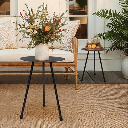 12.2" Small Round Outdoor Side Table - Adjustable Height (11.4" & 18.1") Sturdy Metal End Table, Anti-Rust Coated Iron Plant Stand, Portable Camp Table for Tent, Beach, Balcony, Black