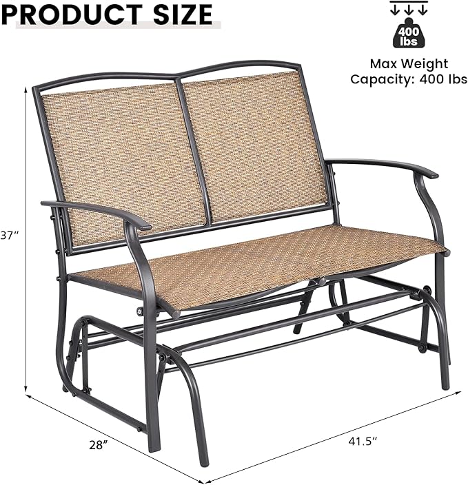 Giantex Patio Glider Bench, 400 Lbs Capacity, Steel Frame, Brown, Outdoor Swing Chair, 2-Person Loveseat, Back Support, Ergonomic Design, Superior Fabric, Natural Style