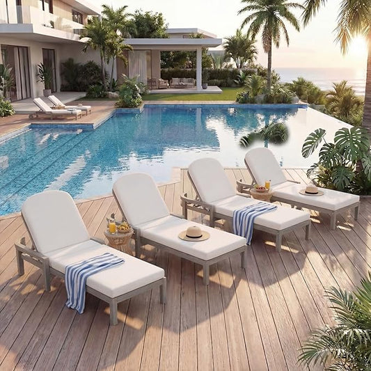 Outdoor Chaise Lounge Chair Set of 4, Patio Chaise Lounge Recliner with Adjustable Backrest, Acacia Wood Poolside Chaise Lounge with Thick All-Weather Cushions for Patio, Deck and Backyard(C)