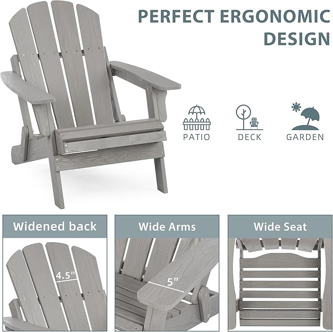 Oversized Wooden Folding Adirondack Chair with Pre-Assembled Backrest and Seat Board, Lounge Chair for Outdoor Patio Garden Lawn Backyard Firepit Deck Pool Beach (Gray)