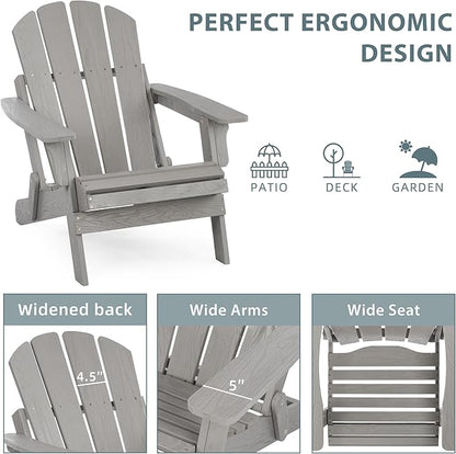 Oversized Wooden Folding Adirondack Chair with Pre-Assembled Backrest and Seat Board, Lounge Chair for Outdoor Patio Garden Lawn Backyard Firepit Deck Pool Beach (Gray)