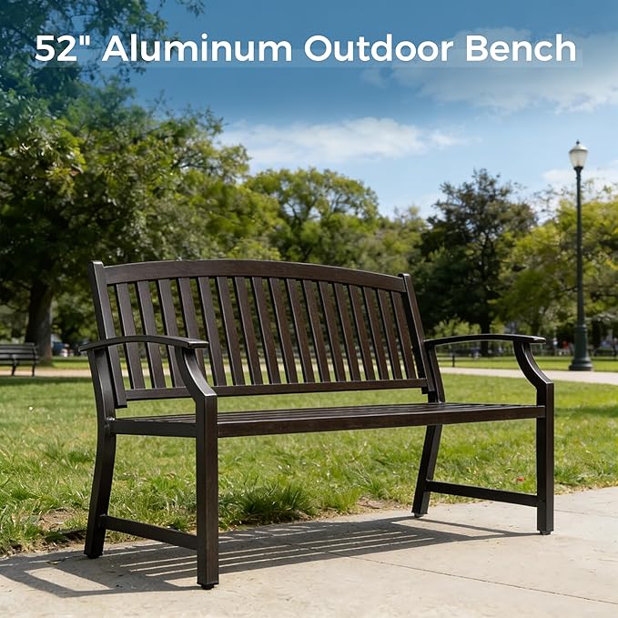 Grand patio 52" Farmhouse Outdoor Bench, Garden Benches with Anti-Rust Aluminum Powder Coated Frame, Faux Wood Grain Finish Frame Patio Bench for Front Porch, Northwoods Brown