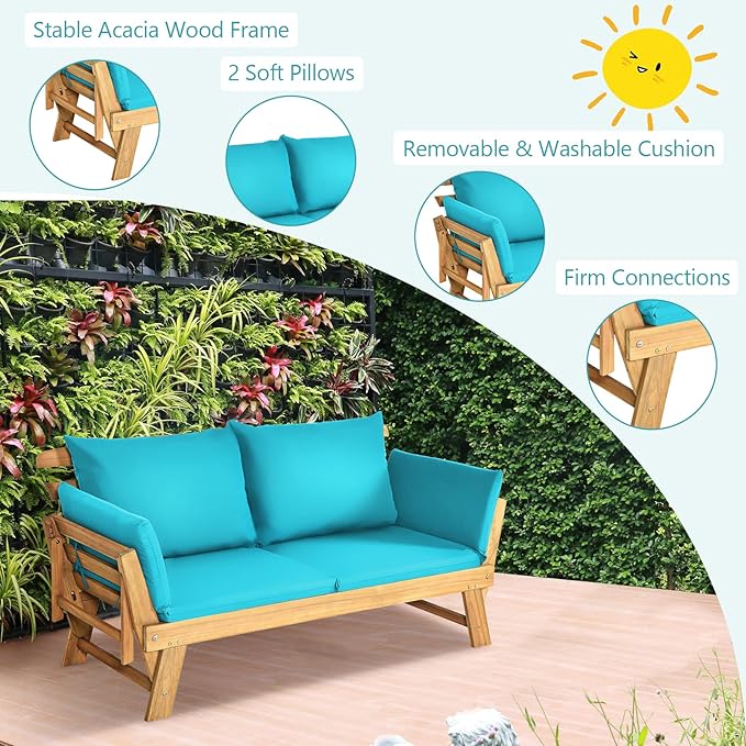 DORTALA Patio Convertible Couch Sofa Bed, Acacia Wood Daybed w/Adjustable Armrest - Photo 5