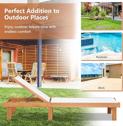 LDAILY Moccha Chaise Lounge Chair Outdoor, Patio Recliner Lounger Chair with 5 Positions Backrest, Breathable Fabric, Eucalyptus Wood Reclining Lounge Chair for Backyard, Poolside, Lawn, White