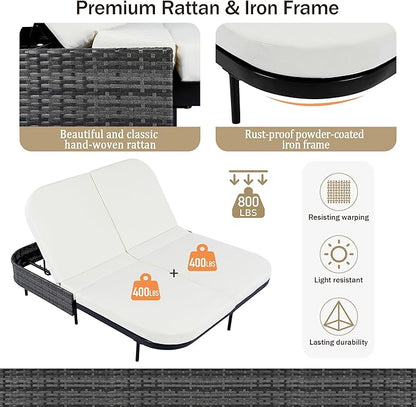 SOFTSEA Patio Rattan Daybed for 2 People, with 5-Position Adjustable Backrest, Outdoor Chaise Lounge with Removable Cushions&Pillows, Iron Frame Outdoor Daybed for Pool Garden, Beige+Black
