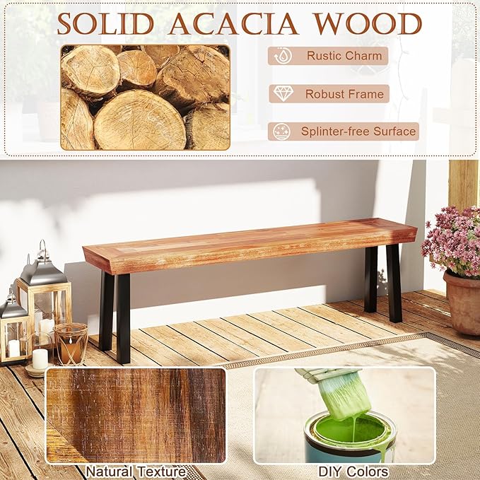 Tangkula Outdoor Acacia Wood Bench, Patio Dining Picnic Bench with Steel Legs for Porch Garden Poolside Living Room Balcony, Ideal for Indoor & Outdoor Use (1, Teak)