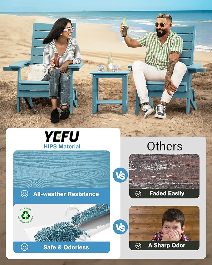YEFU Adirondack Chair, Folding Adirondack Chairs Set of 2 with Arc Back & Cup Holder, Weather Resistant Plastic Oversized Chair for Outdoor Patio Lawn Garden Backyard Deck Fire Pit, Blue