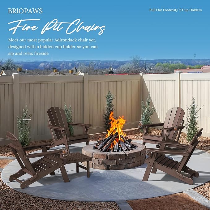 BRIOPAWS Adirondack-Chairs-with-Pull-Out-Footrest | Set of 4 | Folding | HDPE Plastic | Fire Pit Chair | All Weather | Cup Holders | Curved Back | Retractable Ottoman | for Poolside Deck | Dark Brown