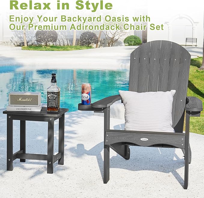 Y&M Adirondack Chair Set of 2, Dark Grey Fire Pit Chairs, Outdoor Patio Chairs with Cup Holder, Weather Resistant HDPE Wooden Textured Patio Chairs, Perfect for Garden, Lawn, Deck, or Poolside