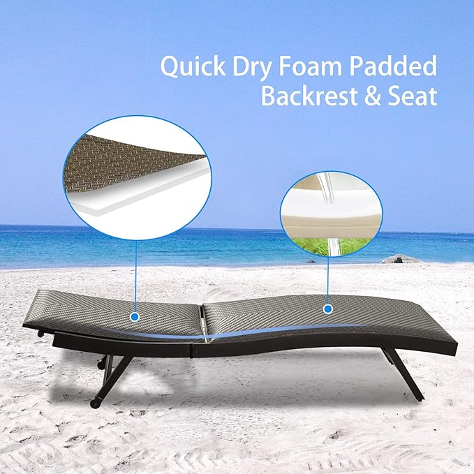 Domi 2 PCS Outdoor Chaise Lounge Set, Aluminum Patio Padded Quick Dry Foam Wicker Lounge Chair with Adjustable Back for Beach Poolside Lawn Sunbathing