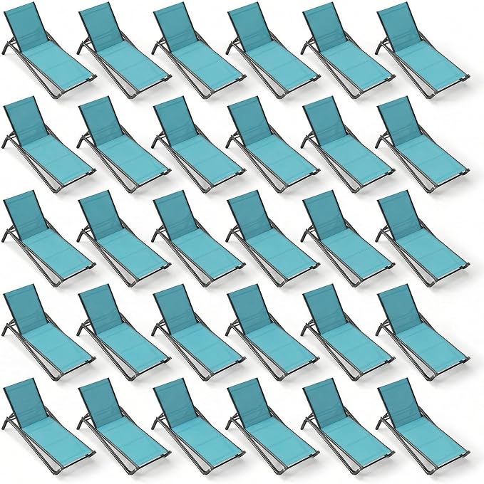 Outdoor Chaise Lounge Chair Set of 30, 5-Position Adjustable Patio Lounge Chair with Aluminum Frame, Textilene Fabric Pool Loung Chairs for Poolside, Deck, Backyard (Lake Blue)