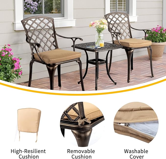 VINGLI Patio Chairs Set of 2, All-Weather Cast Aluminum Outdoor Dining Chairs with Cushion, Metal Armchairs for Poolside, Backyard, Balcony