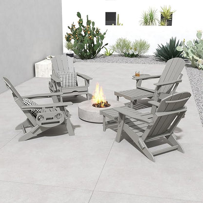 FOOWIN Folding Adjustable Adirondack Chair with Retractable Ottoman Set of 4, HDPE Adirondack Chair w/4 in 1 Cup Holder Trays,All-Weather Resistant Fire Pit Chair for Outdoor Patio Lawn, White Grey