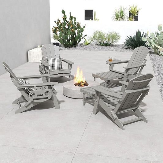 FOOWIN Folding Adjustable Adirondack Chair with Retractable Ottoman Set of 2, HDPE Adirondack Chair w/4 in 1 Cup Holder Trays,All-Weather Resistant Fire Pit Chair for Outdoor Patio Lawn, White Grey