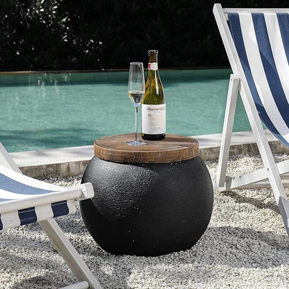 COSIEST 2 Pieces Outdoor Side Table,Set of 2 Black Drum Outdoor End Tables,17" Concrete Side Table,Patio Side Tables for Outside Faux-Wood Top Accent Table Stool for Livingroom,Bedroom,Garden