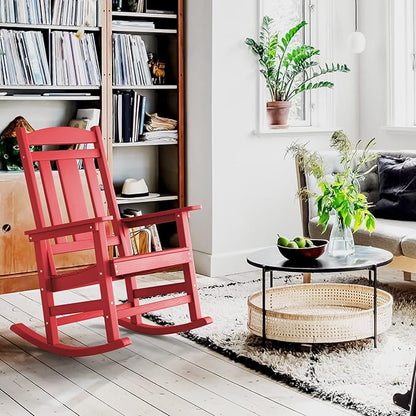 LUE BONA Outdoor Rocking Chairs Set of 4, HDPS Porch Rocker with High Back, Plastic Weather Resistant Rocking Chairs for Outdoor Indoor, Garden, Backyard, 350lb, Bright Red