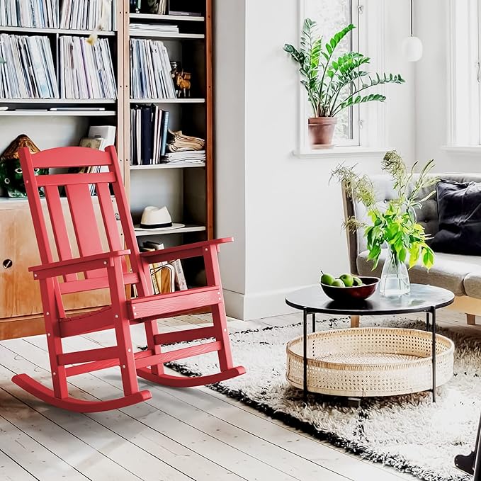 LUE BONA Rocking Chair Outdoor, Weather Resistant Poly Plastic Rocker Chairs, 350lb Heavy Duty, Oversized Porch Rocker for Adult, High Back Smooth Rocking Chairs for Outdoor & Indoor, Bright Red