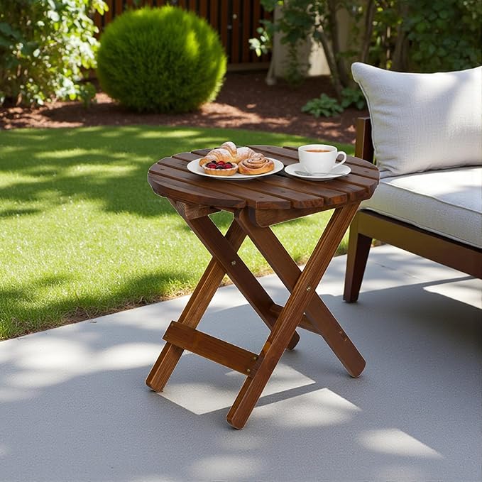 Shine Company Round Wooden Folding Solid Wood Side Table, Outdoor Adirondack Small Patio Table, Oak