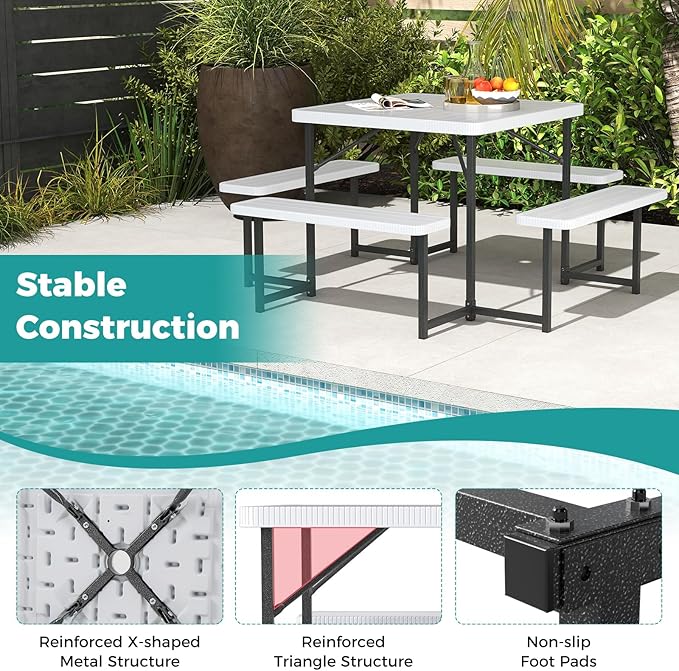 Giantex Picnic Table Bench Set for 4-8 People, 34" Outdoor Square Dining Table & 2 Benches w/Umbrella Hole - Photo 7