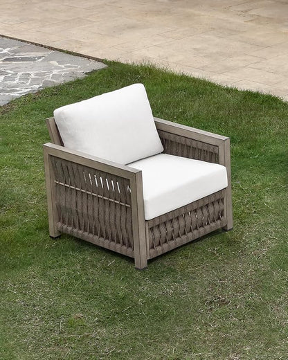 Patio Sofa Chair, Never Rusts Aluminum Outdoor Armchair with Washable Cushions, Rope Weave Outdoor Sofa Chair Patio Sofa Armchair, Deep Seating Patio Furniture for Garden, Porch, Gray Oak