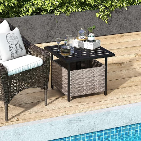 Giantex Outdoor Side Table with Umbrella Hole, 22" Wicker Umbrella Table with Stand and Base, Weather-Resistant PE Rattan Patio End Table for Deck Garden Poolside (Metal Tabletop, Light Gray)