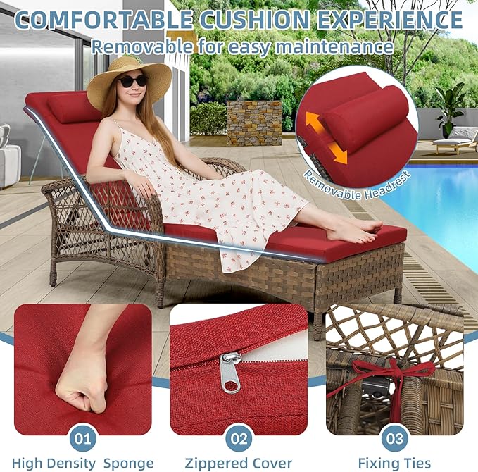 Outdoor Chaise Lounge Chair Set of 2, PE Wicker Recliner Patio Reclining Sunbathing Chair with Cushion - Photo 5