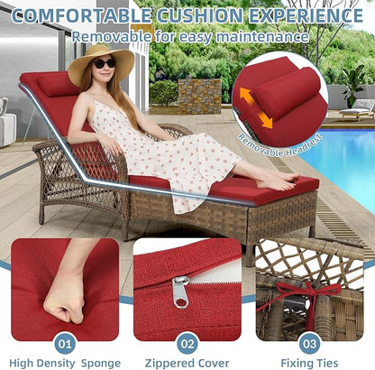 Outdoor Chaise Lounge Chair, PE Wicker Long Recliner Patio Lounge Chair with Cushion, 6-Position Patio Reclining Sun Lounger with Adjustable Backrest for Poolside, Armrest & Pillow, Red