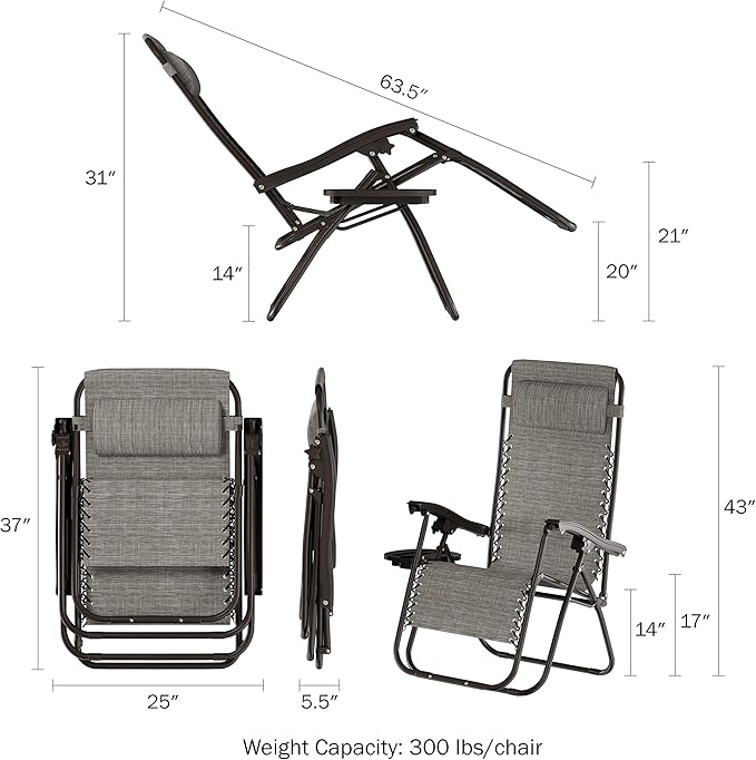 Lavish Home Zero Gravity Lounge Chairs- Set of 2- Gray Folding Anti-Gravity Recliners- Side Table, Cup Holder & Pillow-for Outdoor Lounging