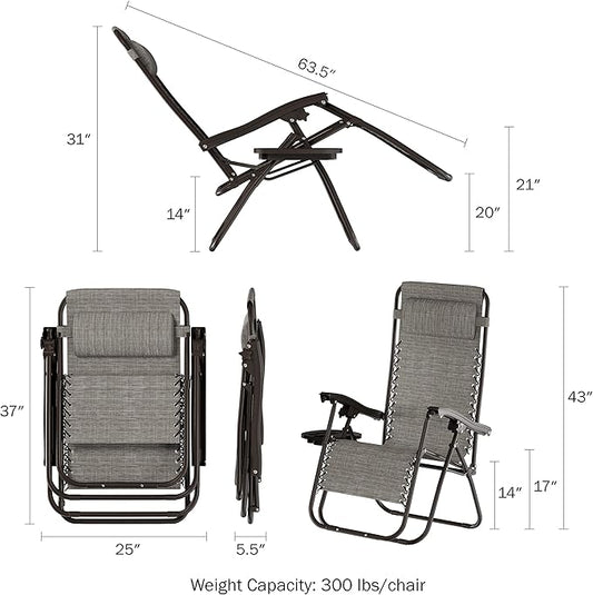 Lavish Home Zero Gravity Lounge Chairs- Set of 2- Gray Folding Anti-Gravity Recliners- Side Table, Cup Holder & Pillow-for Outdoor Lounging