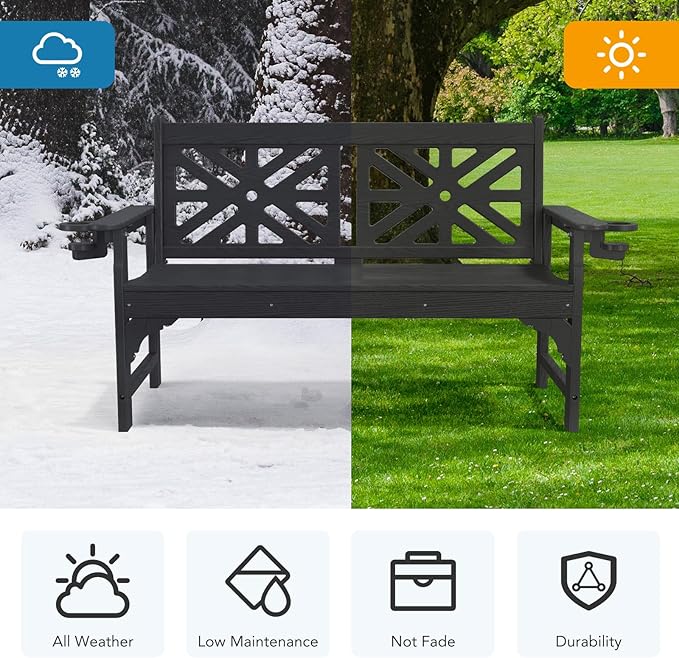 Oversized Outdoor Bench with Cup Holders, 51.5” HDPE Aesthetic Garden Bench for 2 Person, Memorial Benches - Easy Assembly & All Weather, for Porch & Patio, 800lbs Load Capacity (Black, 1pc)