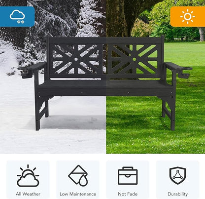 Oversized Outdoor Bench Set of 2, 51.5” HDPE Aesthetic Garden Bench with Cup Holders, Memorial Benches - Easy Assembly & All Weather, for Porch & Patio, 800lbs Load Capacity (Black)