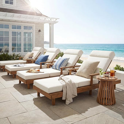 Merax Acacia Wood Outdoor Chaise Lounge Chair Set of 2, Thick 4-Fold Cushion & Headrest, 3-Position Adjustable Backrest, Modern 76.8" L Large Patio Pool Sun Lounger for Garden Beach Yard, Beige+Teak