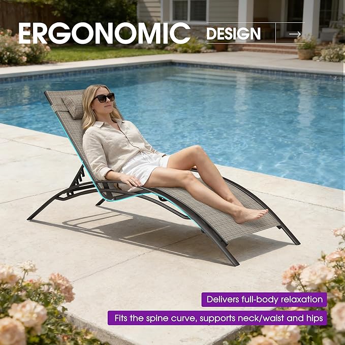 PURPLE LEAF Outdoor Chaise Lounge Chair Set of 3 Patio Pool Lounger Bronze Aluminum Chairs with Side Table Adjustable Tanning Recliner for Outside Backyard Yard Deck Balcony Beach Khaki