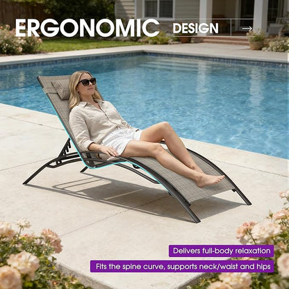PURPLE LEAF Outdoor Chaise Lounge Chair Set of 3 Patio Pool Lounger Bronze Aluminum Chairs with Side Table Adjustable Tanning Recliner for Outside Backyard Yard Deck Balcony Beach Khaki