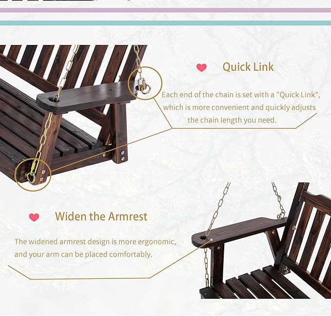 Anraja Wooden Porch Swing 2-Seater Bench Swing with Hanging Chains Heavy Duty 800 LBS for Outdoor Patio Garden Yard - Photo 5