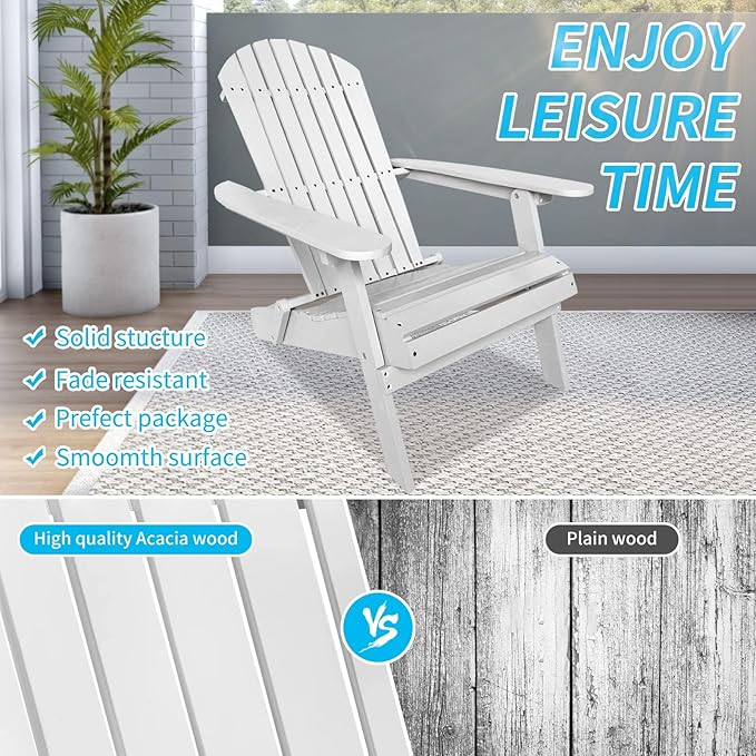 YRLLENSDAN Folding Adirondack Chair - Weather Resistant Plastic Outdoor Chairs for Patio, Lawn, Garden, or Fire Pit - Cozy Plastic Adirondack Chair for Outside Seating (1, White)
