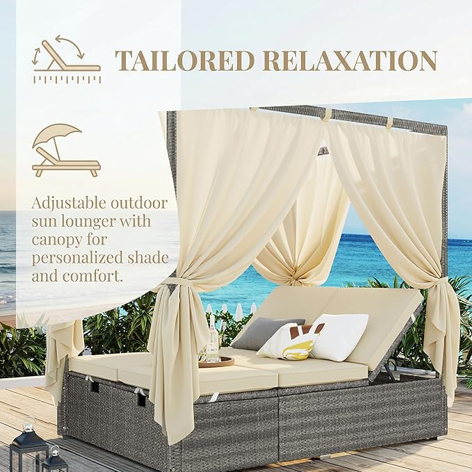 Harper & Bright Designs Adjustable Outdoor Sun Lounger with Canopy,Multi-Position Recline Patio Chair with Removable Cushion,Weather-Resistant Rattan Chaise Lounge for Poolside,Garden & Terrace,Beige