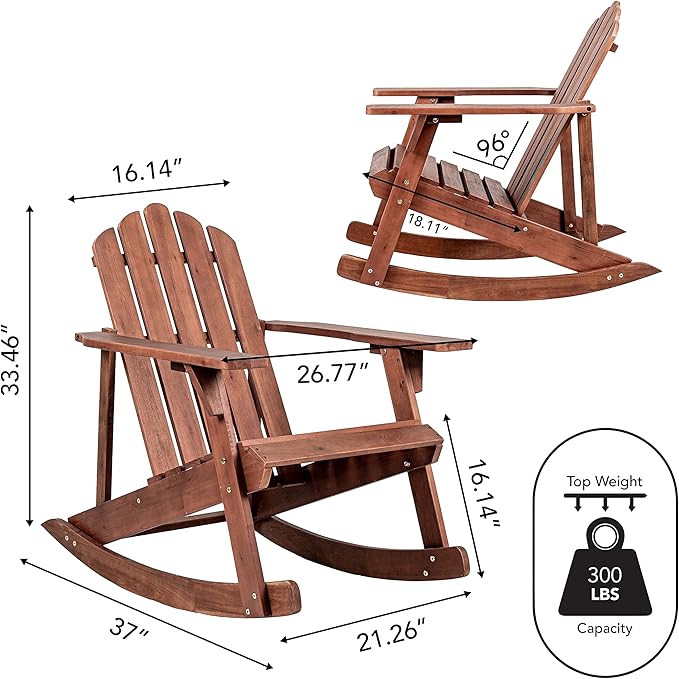 Eyely PTA1000C Harvey Outdoor Patio Classic Acacia Wood Adirondack Rocking Chair, Dark Brown for Bohemian, Classic, Country, Cottage, Farmhouse, Rustic
