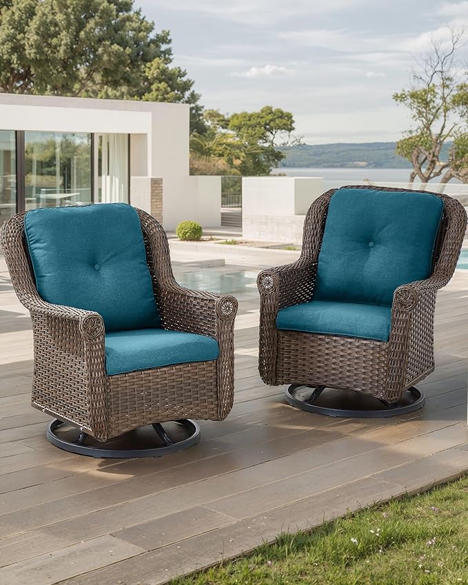 Patio Chairs Outdoor Swivel Glider - Set of 2 High Back Outside Brown Wicker Rattan Rocking Chair with Zippered Cushion - Photo 2
